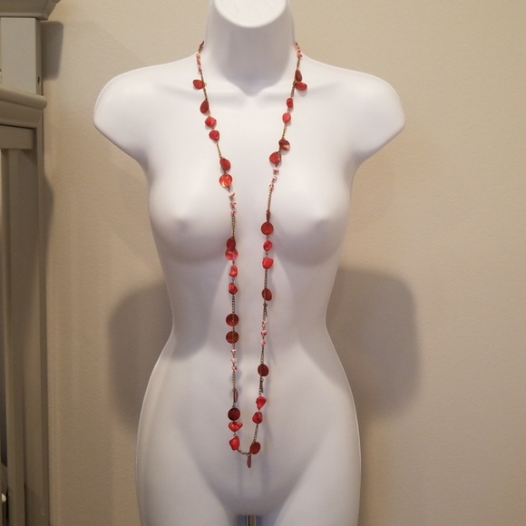 90s Red Abalone Shell Coin Long Sweater Necklace - Picture 7 of 12